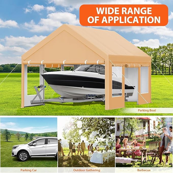 Garvee 13x20 Heavy Duty Carport Canopy, Galvanized Steel Frame Car Port with Waterproof PE Tarp, 4 Doors & 4 Windows, All Weather Portable Garage for Car Boat Truck, Yellow