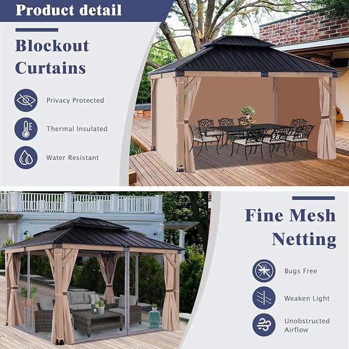 CHARMELEON Cedar Wood Gazebo 10x12 ft – Gazebo Wooden with Double Metal Roof – Hardtop Gazebo Kits with Mosquito Netting & Curtains – Wood Frame Gazebos Pavilion for Outdoor, Patio, Backyard and Deck