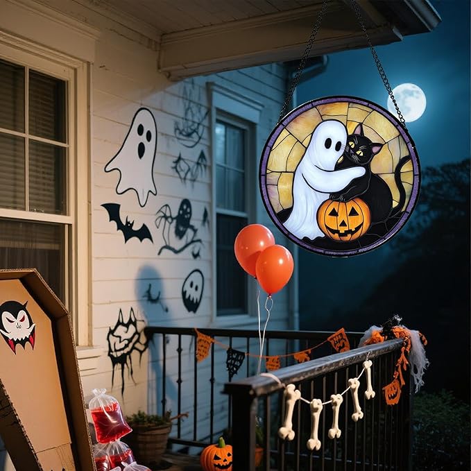 Stained Glass Window Hanging - Halloween Decorations Cute White Ghost Black Cat Suncatcher for Doors Garden Spooky Sun Catchers Gothic Decor Horror Gifts for Women Men Friend Boy 9.8 in