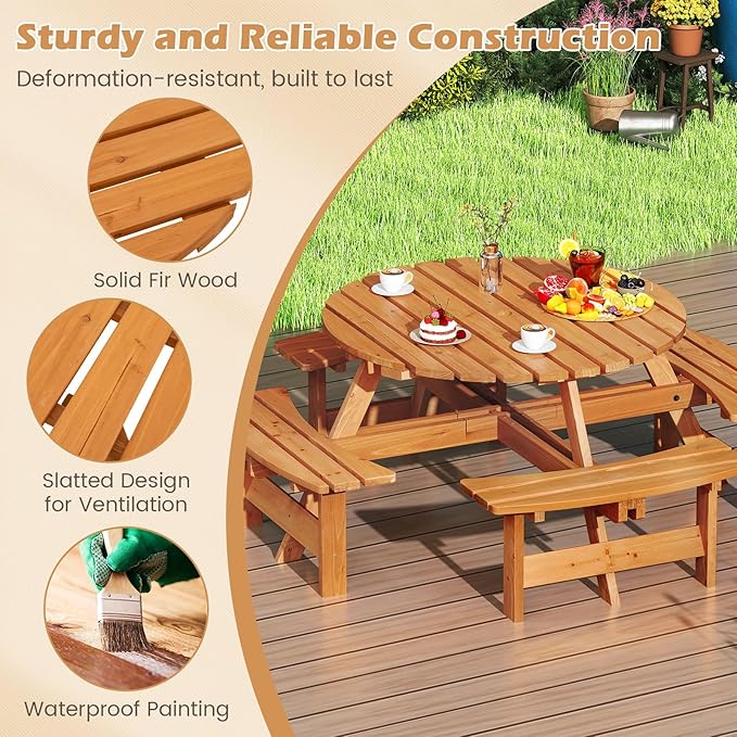 Tangkula 8-Person Wood Picnic Table, Outdoor Round Table and Bench Set with 4 Built-in Benches, Umbrella Hole, Perfect for Outside, Patio, Garden, Backyard, Porch