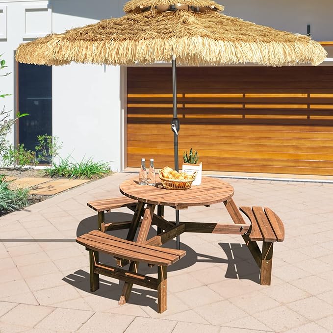 Tangkula 6 Person Wood Picnic Table, Outdoor Round Picnic Table with 3 Built-in Benches, Umbrella Hole, Outside Table and Bench Set for Garden, Backyard, Porch, Patio, 500lbs Capacity Per Bench