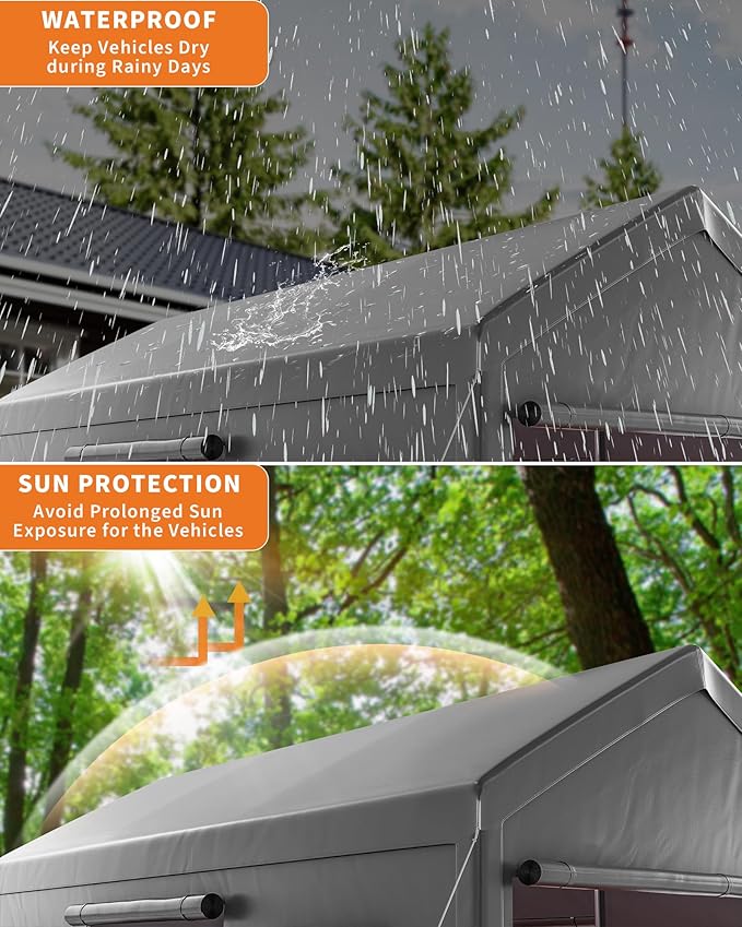 10x20ft Heavy Duty Carport with PE Fabric and Galvanized Steel Frame,Portable Garage with Roll-Up Doors and 4 Windows,Car Canopy with All-Season Tarp for Car, Truck, Boat.