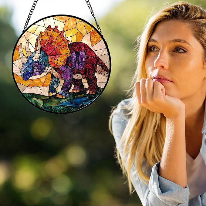 Stained Glass Window Hanging - Triceratops Abstract Dinosaur Suncatcher for Door Terrace Garden Home Decor, Orange Red Sun Catcher Birthday Gifts for Lovers Women Men Dad Mom Nana 9.8 in