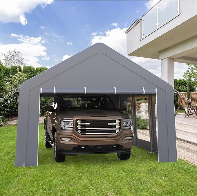 GAOMON 13x20 ft Heavy Duty Carport, Portable Garage with 3 Doors & 5 Ventilated Windows, Waterproof Car Canopy Outdoor Shed with Removable Sidewalls for Pickup Truck Boat, Grey