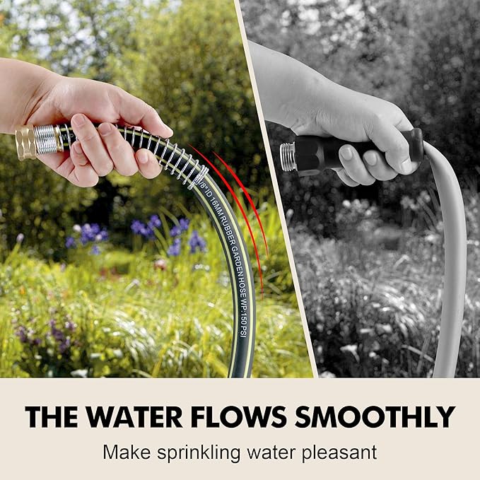 Rubber Garden Water Hose 25ft, 5/8" Leak Proof Garden Hose with Brass Connector, Flexible Hose Pipe for Lawn, Watering Cleaning & Washing