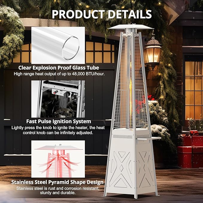 Stainless Steel 42000 BTU Outdoor Patio Gas Heater, Flame Glass Tube Fire Tower with Wheels & Beverage Rack, Safe Portable Heater for Patio Use