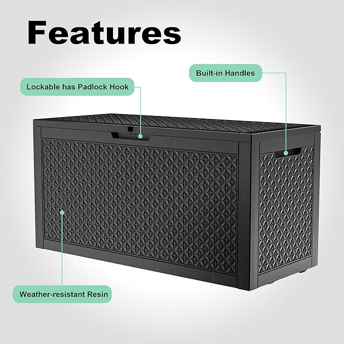 New 100 GallonOutdoor Storage Box,Resin Deck Boxes Waterproof, IndoorOutdoor Bin for Package Delivery, Patio Cushions, Gardening Tools, Lockable, UV Resistant