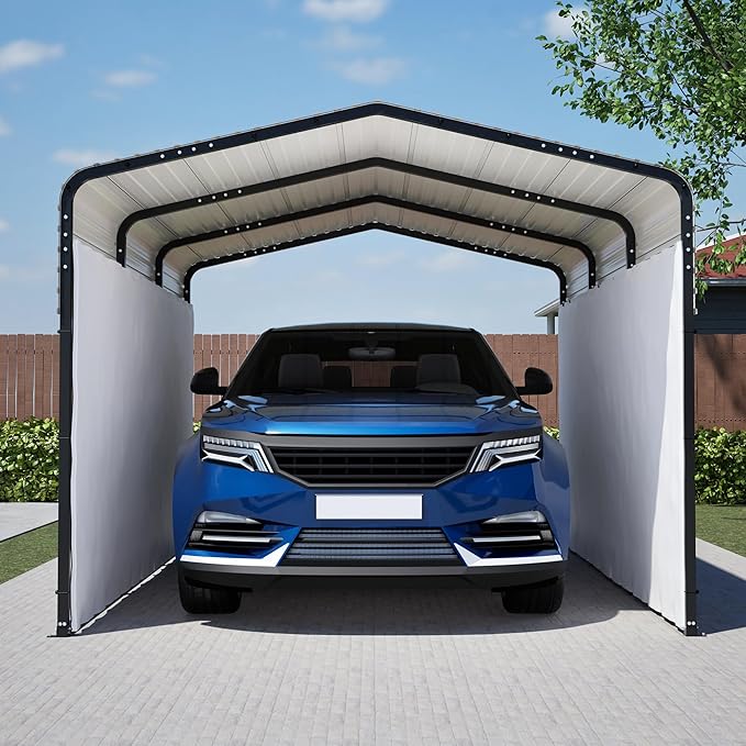Metal Carport 15.1 x 10.3 x 8.4 FT with Galvanized Steel Frame & Waterproof UV-Resistant Tarpaulin – Sturdy Outdoor Shelter for Cars, Trucks, Boats, or Equipment, All-Weather Protection
