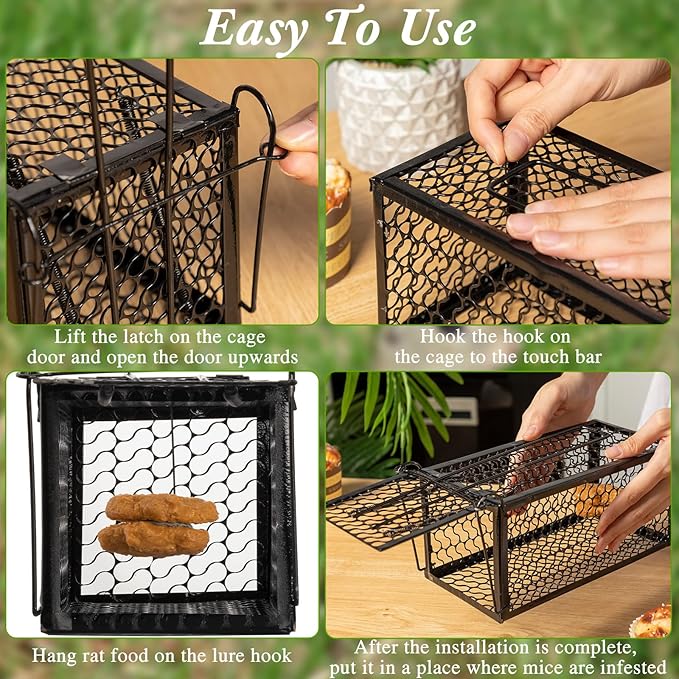 Qualirey 2 Pcs Humane Rat Trap Chipmunk Rodent Mouse Squirrel Trap Small Live Animal Mouse Voles Hamsters Live Cage Rat Mouse Cage for Mice Easy to Catch and Release (Black)