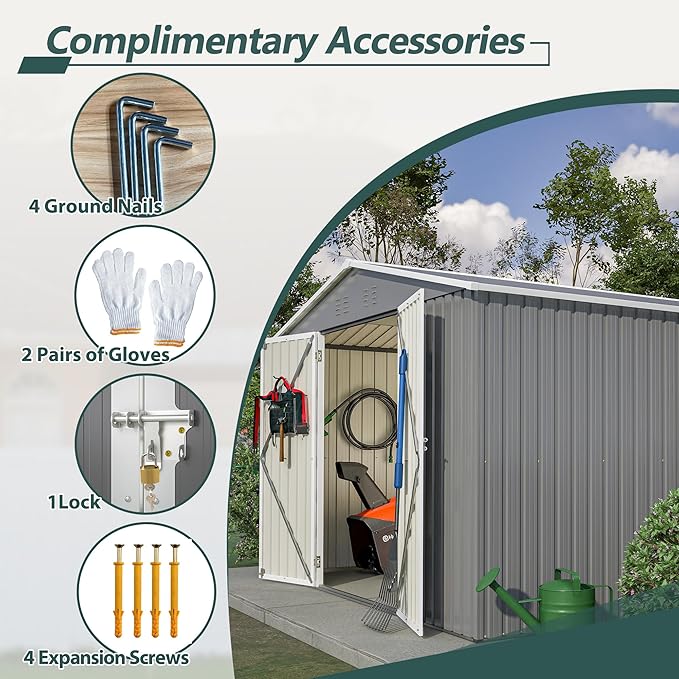 10X8 FT Outdoor Storage Shed, All Weather Metal Sheds with Lockable Doors, Tool Shed for Garden, Patio, Backyard, Lawn (Grey, 10x10ft)