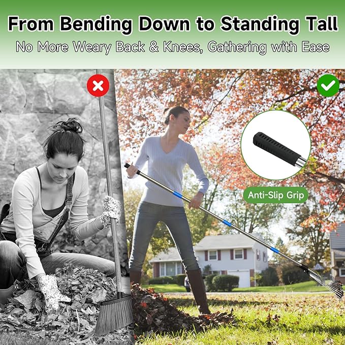 Metal Leaf Rake with Adjustable Handle,SAN LIKE 68 inch Garden Rake Set with 32 Gallon Leaf Bags Leaf Scoops,Heavy Duty Yard Rakes for Gardening Lawns Yard Outdoor Camping