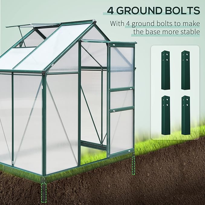 Outsunny 6' x 4' Greenhouse for Outdoors, Polycarbonate Greenhouse with Rain Gutter and Roof Vent, Aluminum Walk-in Green Houses for Outside for Patio Backyard Garden, Dark Green