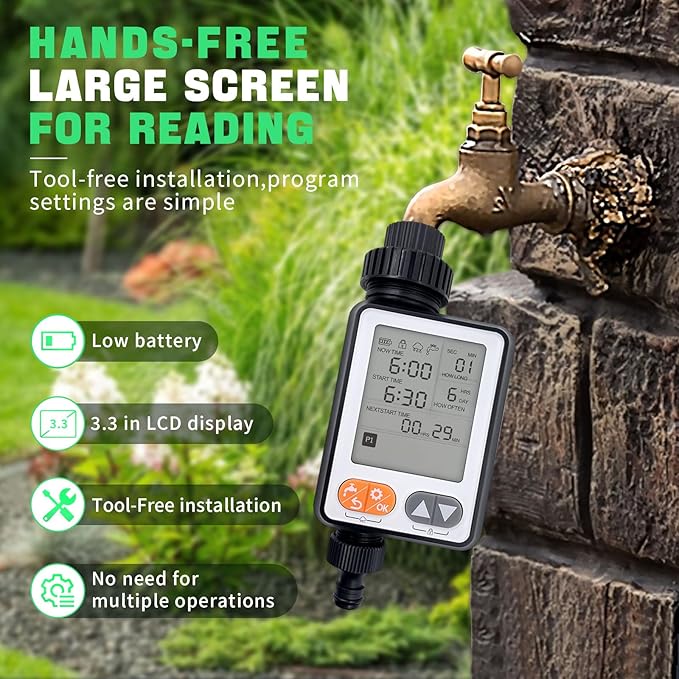 Sprinkler Timer for Garden Hose, 10 Programmable Water Timer with with Auto Rain Delay, IP54 Waterproof 3.3โ Large LCD Drip Irrigation System Timers for Plant, Yard, Lawns, Outdoor