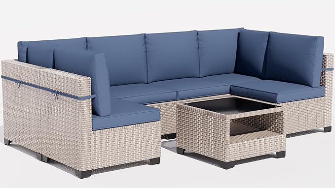 10 Pieces Patio Furniture Set, Outdoor Sectional Wicker Sofa with Thick Cushions and Storage Coffee Table, Rattan Patio Conversation Sets for Deck Yard Poolside, Navy