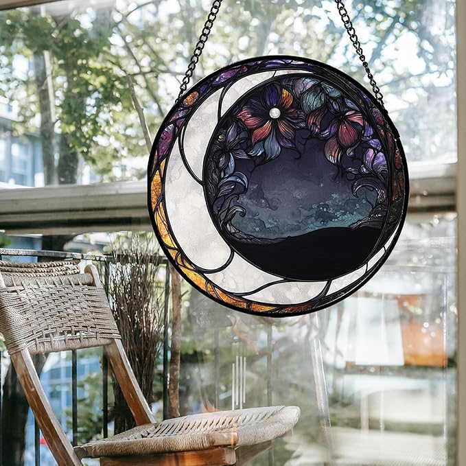 Stained Glass Window Hanging - Black and White Moon Sun Catcher for Door Terrace Garden Home Decor, Abstract Plant Flower Suncatcher Birthday Gifts for Lovers Women Men Dad Mom Nana 9.8 in