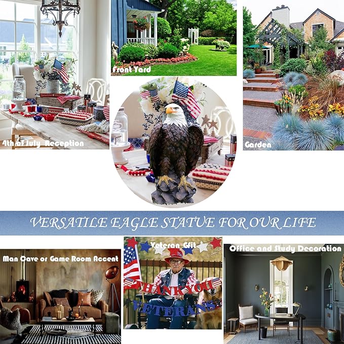 American Eagle Statue Bald Eagle - Large Hand-Painted Resin Garden Sculptures & Statues Outdoor Bird Figurines, Majestic American Freedom 4th of July, Decor for Indoor, Patio, Office, 24Β½"