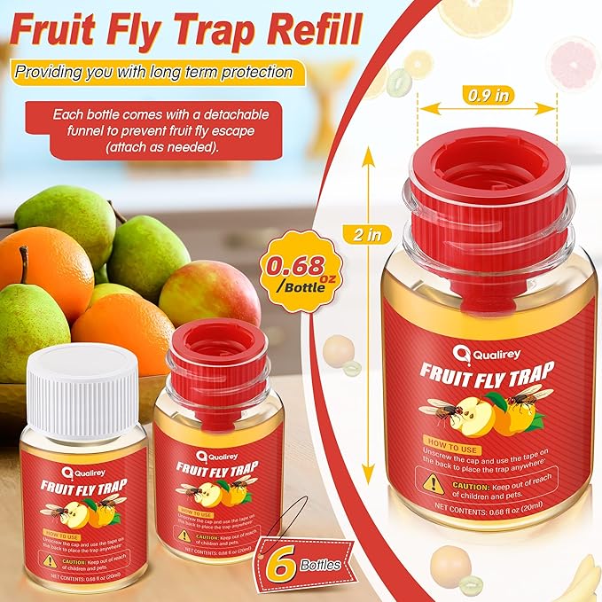 Qualirey 6 Pack Fruit Fly Traps for Indoors, Fruit Fly Killer and Catcher, Trap Refill Liquid for Home & Kitchen, Non Toxic Safe Near Food, Effective Lure Refill for Indoor Use