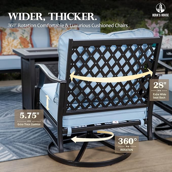 HERA'S HOUSE 4 Piece Patio Furniture Set, 2 x Swivel Cushioned Chair, 3-Seat Sofa with Marbling Coffee Table, All Weather Outdoor Conversation Set for Lawn Garden Backyard, Blue