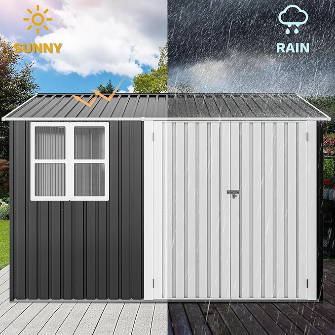 DWVO 10x10ft Metal Outdoor Storage Shed with Window, Lockable Tool Storage Sheds, Oversized Steel Garden Sheds with Sloped Roof for Backyard, Patio, Garage, Lawn, Gray & White