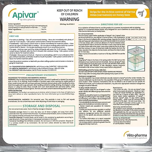 Apivar Strips Varroa Mite Treatment for Honey Bees with Easy Rip Strips 97-99% Effective Against Mites (60 Pack)
