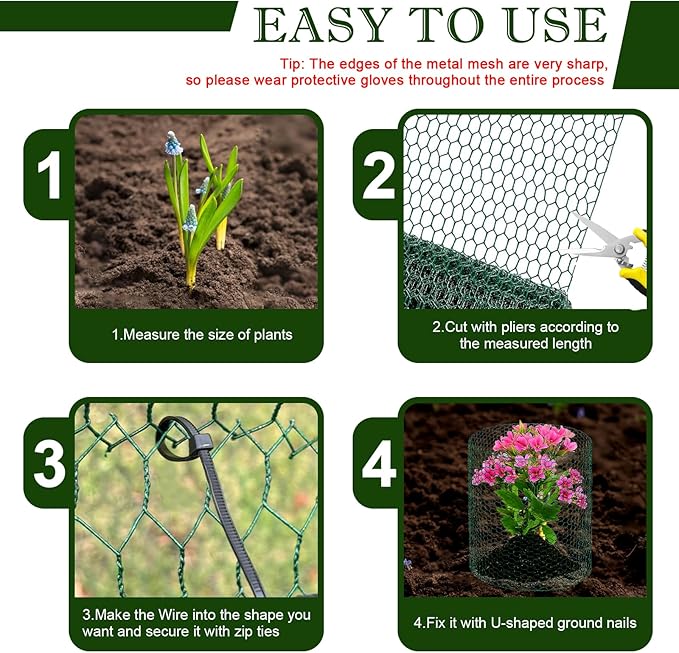 39.4ft x16In Plant Protectors from Animals, Plant Cages for Outdoor Plants, Wire Plant Protector Cage,Chicken Wire Cloche with Gloves, Plier, Ground Stakes & Nylon Ties Protect Plants from Animals 