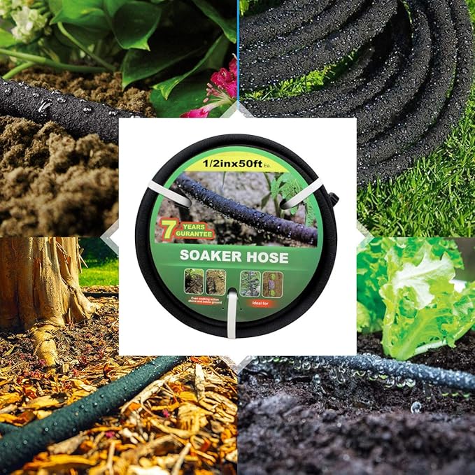 Taisia 1/2’’ Soaker Hose 50 FT Water Drip Garden Hose Drip Irrigation Hose Saves 70%Water Heavy Duty Rubber Round Soaker Hose for Garden, Lawn