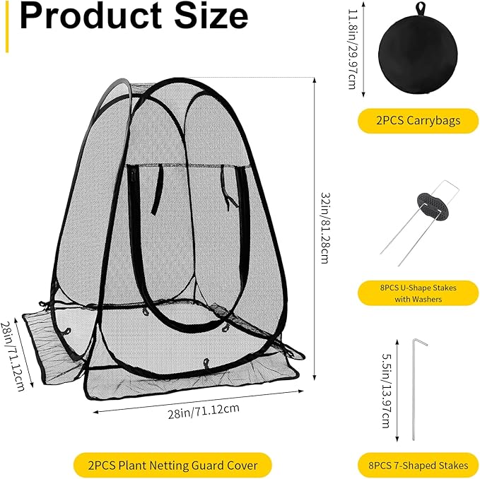2 Pack Pop-Up Mesh Plant Protectors - 28x28x34 Inch Plant Cover Net Each Set with 8 Stakes (with Washers) & 1 Carry Bag to Protect Vegetables, Fruits, Flowers