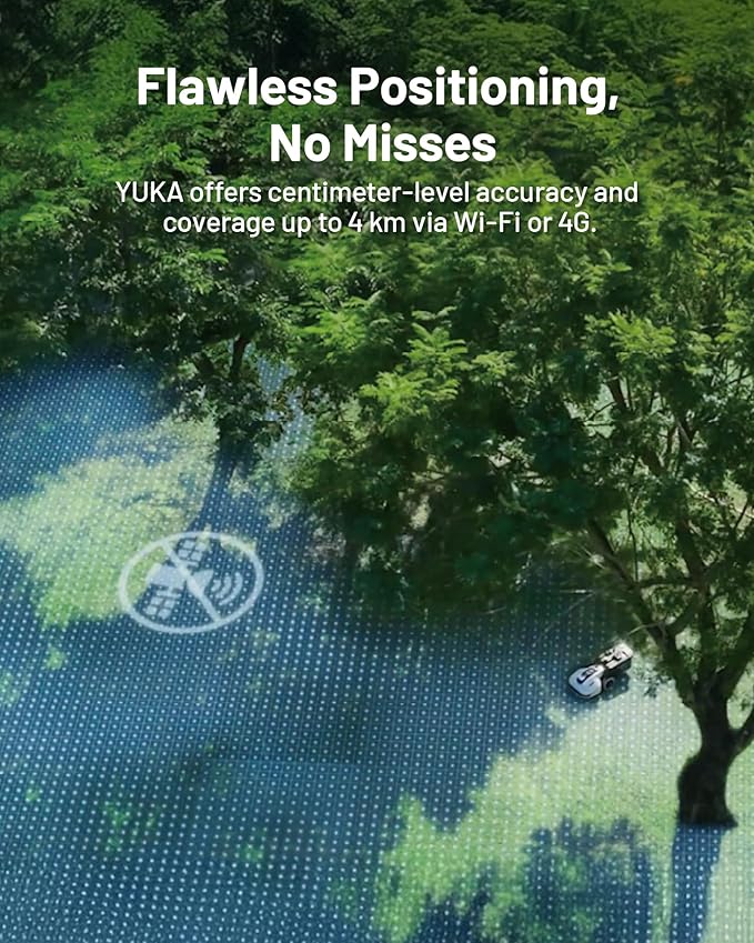YUKA 3000 Robot Lawn Mower with 4G, Reception 0.75 Acre, Max. 1 Acre,Ultrasense AI Vision & RTK, Auto Mapping,App Control, 45% Slope, Wireless Perimeter, 2 Cutting Discs,30 Mowing Zones