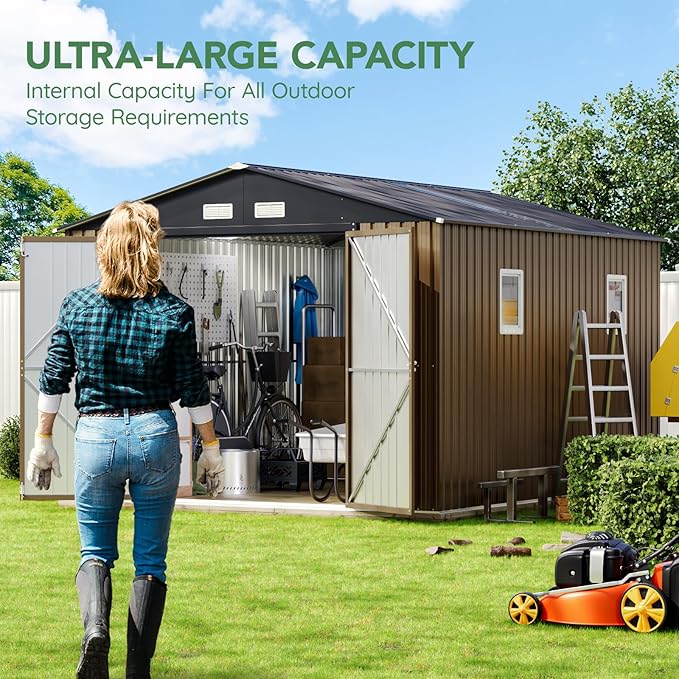 10X12X7.5 FT Outdoor Steel Storage Shed with Lockable Doors, 2 Windows, Transparent Roof Panels, Metal Frame Floor (Wood Panels Not Included), Ideal for Backyard, Patio Storage,Chicken Coop,Brown