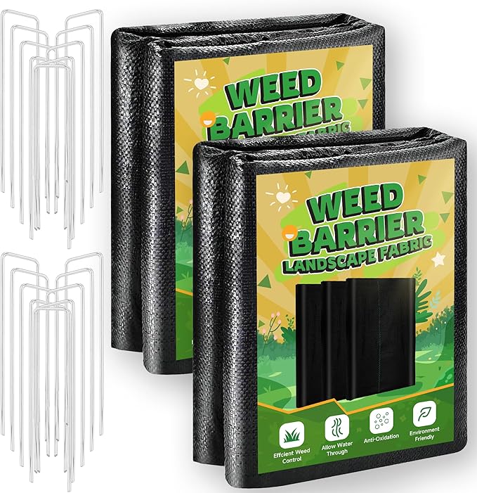 3FT x 100FT Weed Barrier Landscape Fabric Heavy Duty, 3.2oz Premium Gardening Weed Control Mat with 30 U-Shaped Securing Pegs, Ground Cover for Gardening, Farming, Raised Bed(2 Packs 3x50FT)