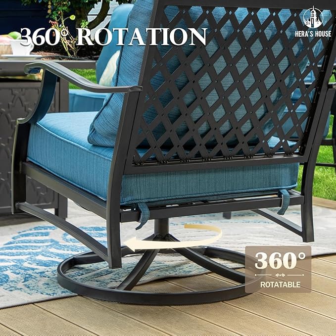 HERA'S HOUSE 6 Piece Patio Furniture Set, 2 x Swivel Chair, 2 x Fixed Chair, 1 x 3-Seat Sofa with Marbling Coffee Table, 7 Seats Outdoor Conversation Set for Lawn Garden Backyard, Pacific Blue