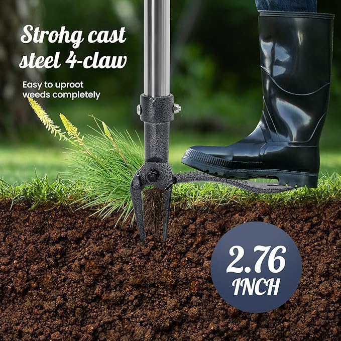 Weed Puller Tool Stand Up Weeder with Long Handle & 4-Claw Steel Head Manual Weed Remover Tool for Lawn and Garden (Steel)