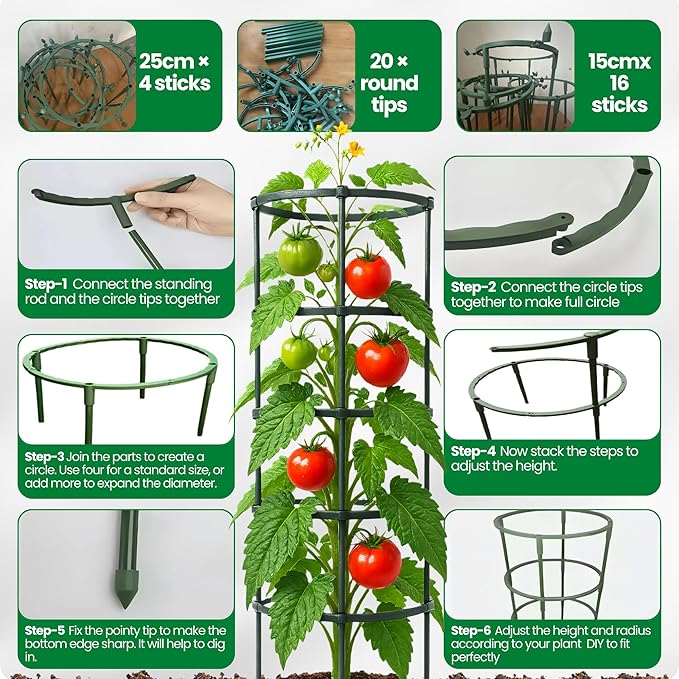 Tomato Cage β Trellis for Climbing Plants - Adjustable Plant Support Stakes, Monstera, Cucumber β Indoor/Outdoor, Tool-Free, Recycled Materials, Fits Greenhouse/Raised Beds (85cm x 22cm)
