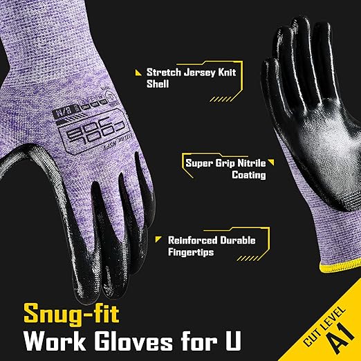 COOLJOB 10 Pairs Nitrile Dipped Rubber Coated Safety Work Gloves with Grip, Non-slip Bulk Gardening Roofing Gloves for Ladies Women, Oil-resistant Gear for Package Handler, Warehouse Worker, Small