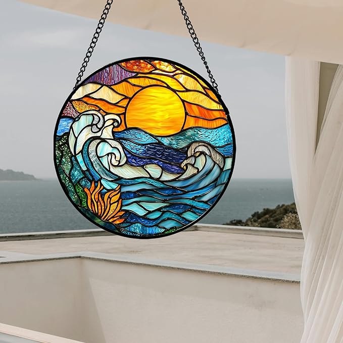 Stained Glass Window Hanging, Orange Sun Blue Sea Waves Landscape Suncatcher for Doors Window Home Sun Catchers Decor Mother's Day Birthday Gifts for Women, Men Mom 6.3 in