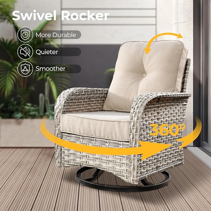 HOOOWOOO Outdoor Sectional Patio Furniture Set,9 Pieces Wicker Conversation Sets L Shaped Couch,Extra Deep Out Door Sofa Outside Furniture with Rocking Chairs,Beige