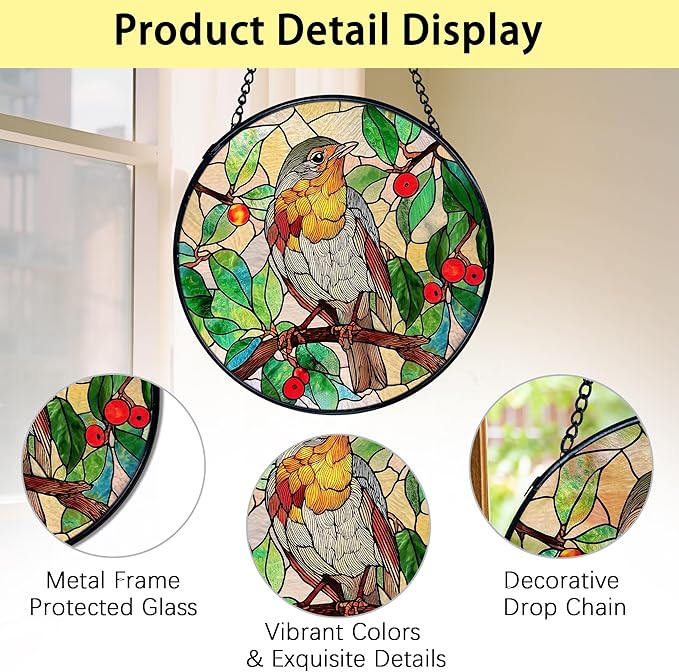 TNUW Bird Stained Glass Window Hanging, Bird Botanical Sun Catchers Indoor Window Glass Round Wall Art Decor, Birds Lover Gifts Wall Hanging Decorations, 7.9"x7.9"