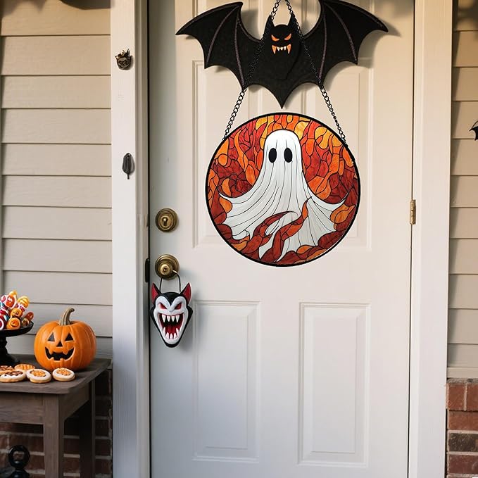 Stained Glass Window Hanging - Halloween Decorations White Ghost Orange Sky Suncatcher for Doors Garden Funny Spooky Sun Catchers Gothic Decor Horror Gifts for Women Men Friend Boy 9.8 in