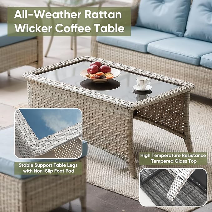 Wicker Outdoor Conversation Set-6 Pieces Outdoor Wicker High Back Couch with Swivel Rocker Chairs Patio Furniture for Deck Poolside Backyard-Light Grey/Blue