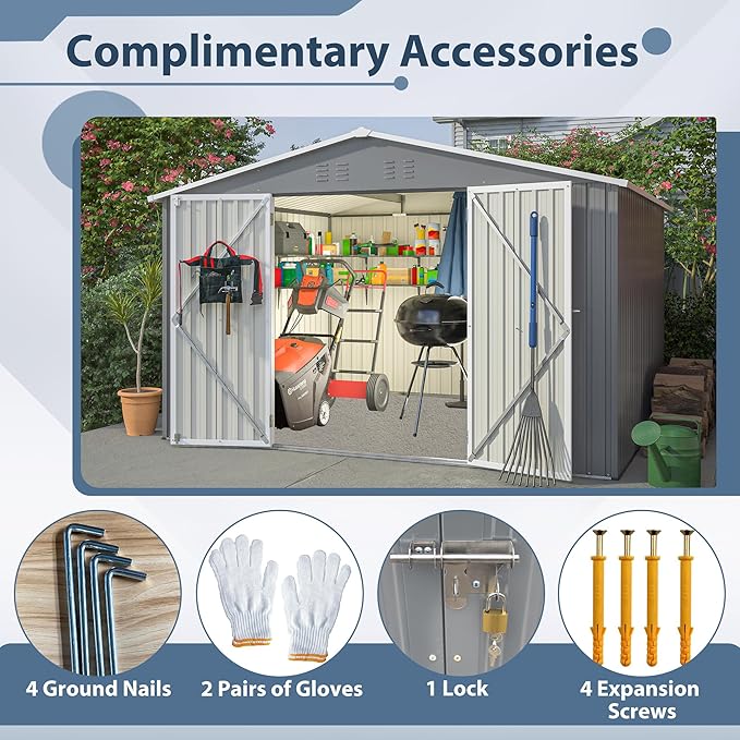 10X8 FT Outdoor Storage Shed, All Weather Metal Sheds with Lockable Doors, Tool Shed for Garden, Patio, Backyard, Lawn (Grey, 10x8ft)