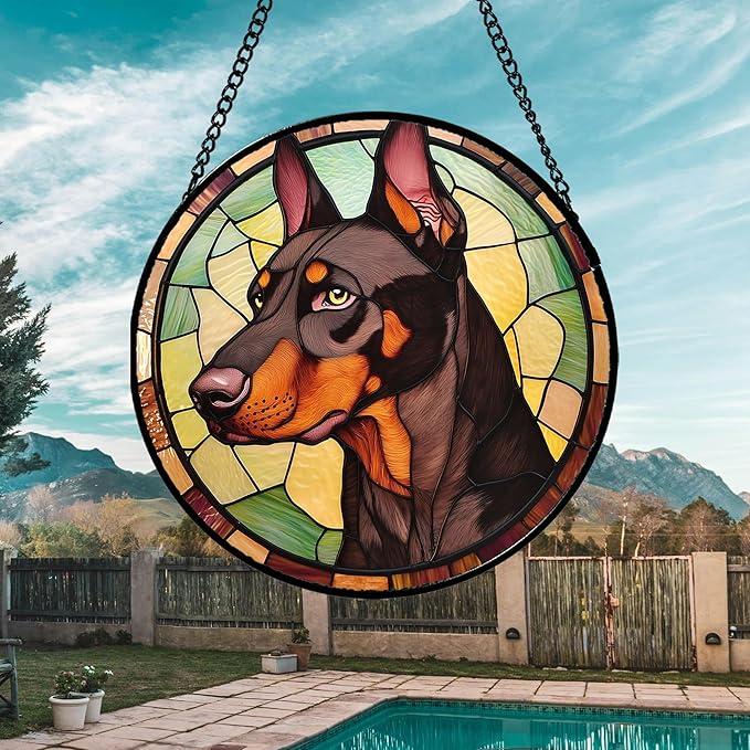 Stained Glass Window Hanging - Funny Dark Brown Doberman Pinscher Suncatcher for Door Terrace Garden Home Decor, Pet Dog Sun Catcher Birthday Gifts for Lovers Women Men Dad Mom Nana 6.3 in