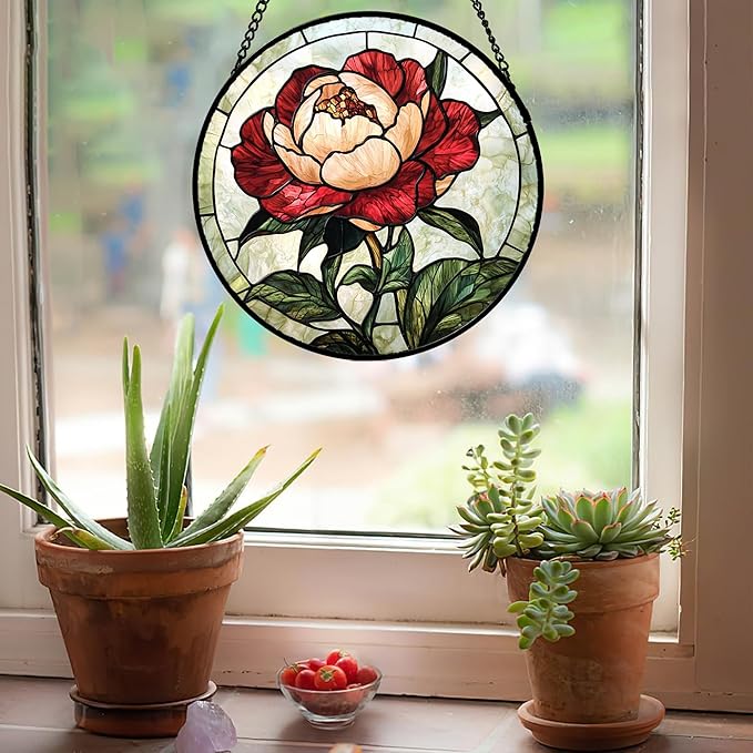 Stained Glass Window Hanging - Peony Suncatcher for Door Garden Home Decor Pink Birth Flower Sun Catcher Christmas Birthday for Friend Lovers Women Mom Nana 11.8 in