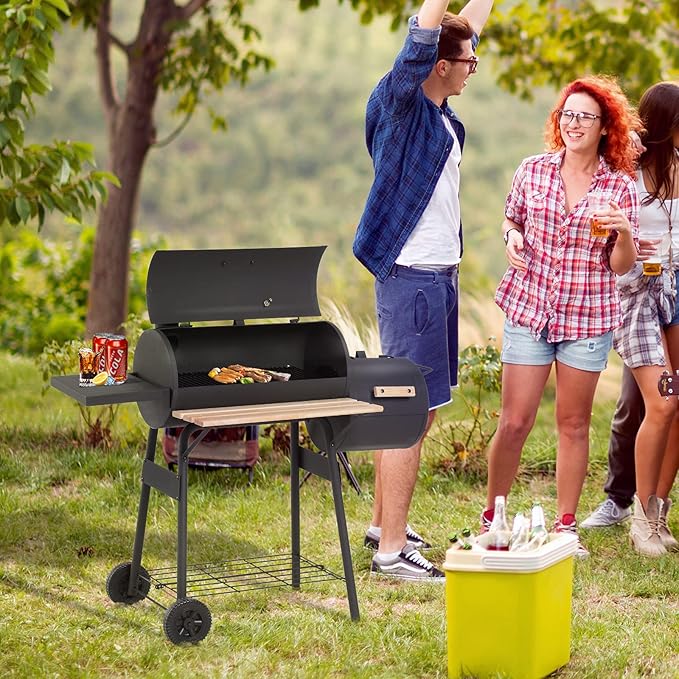 48" Steel Portable Backyard Charcoal BBQ Grill and Offset Smoker Combo with Wheels.