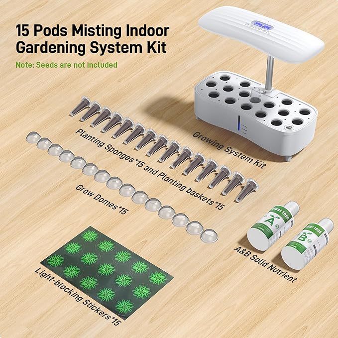 Hydroponics Growing System Kit 15 Pods Misting Herb Garden Indoor Garden Indoor Gardening System 5L Water Capacity 48W Grow Light Gardening Gifts for Women House Warming Gifts New Home (White)