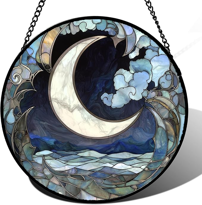 Stained Glass Window Hanging - Abstract Sea of Clouds Moon Sun Catcher for Door Terrace Garden Home Decor, Gray Blue Suncatcher Birthday Gifts for Lovers Women Men Dad Mom Nana 6.3 in