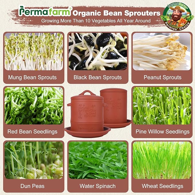 Permafarmยฎ Organic Bean Sprouter, Natural Earthen-Clay Mung Bean Sprouter, Sprouts Growing Kit for Soybeans, Broccoli, Alfalfa & More | Lead-Free, Cadmium-Free (Large Size for Family)