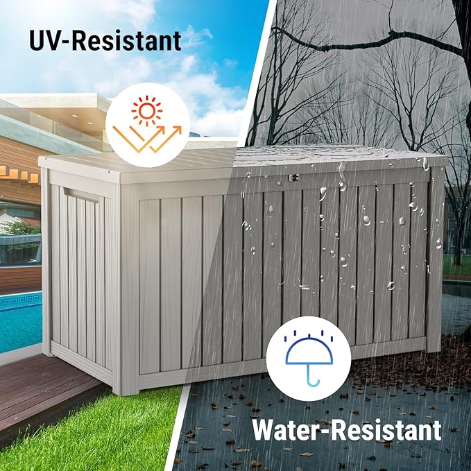 Mars Villa 180 Gallon Outdoor Storage Box Waterproof, Extra Large Resin Deck Box, Outside Storage Bin for Patio Furniture Cushion, Pool Supply, Sports Gear, UV Resistant and Weatherproof, Greige