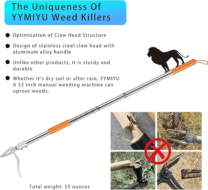 YYMIYU 52" Stand Up Weed Puller Tool β 4-Claw Stainless Steel Weeder with Grass-Pushing & Weed-Ejection Design β Heavy-Duty 0.8mm Steel Handle for Effortless Root Removal