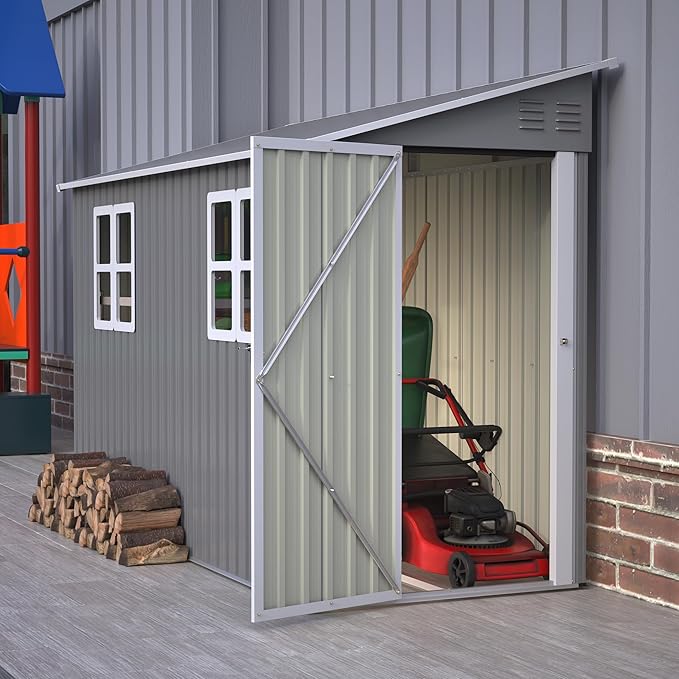 Lean Outdoor Storage Shed with 2 Adjustable Windows, 4x10 FT Heavy-Duty Outdoor Shed w/Reinforced Floor Fram and Lockable Door, Garden Tool Storage Cabinet for Backyard Garden Patio Lawn, Gray