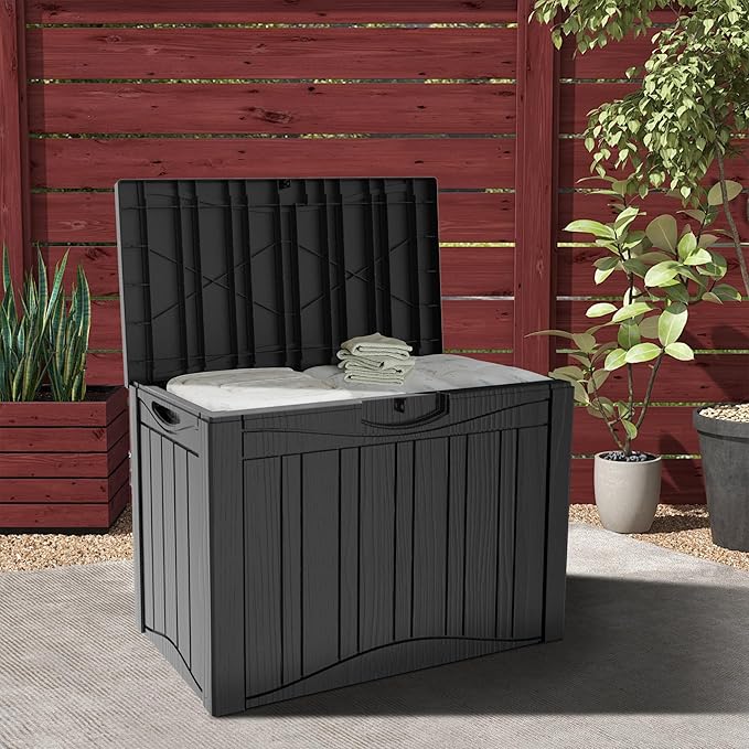 50 Gallon Plus Resin Deck Box, Waterproof Outdoor Storage Bin for Patio, Poolside, and Garden, Lockable & UV-Resistant, Ideal for Small Spaces, Black